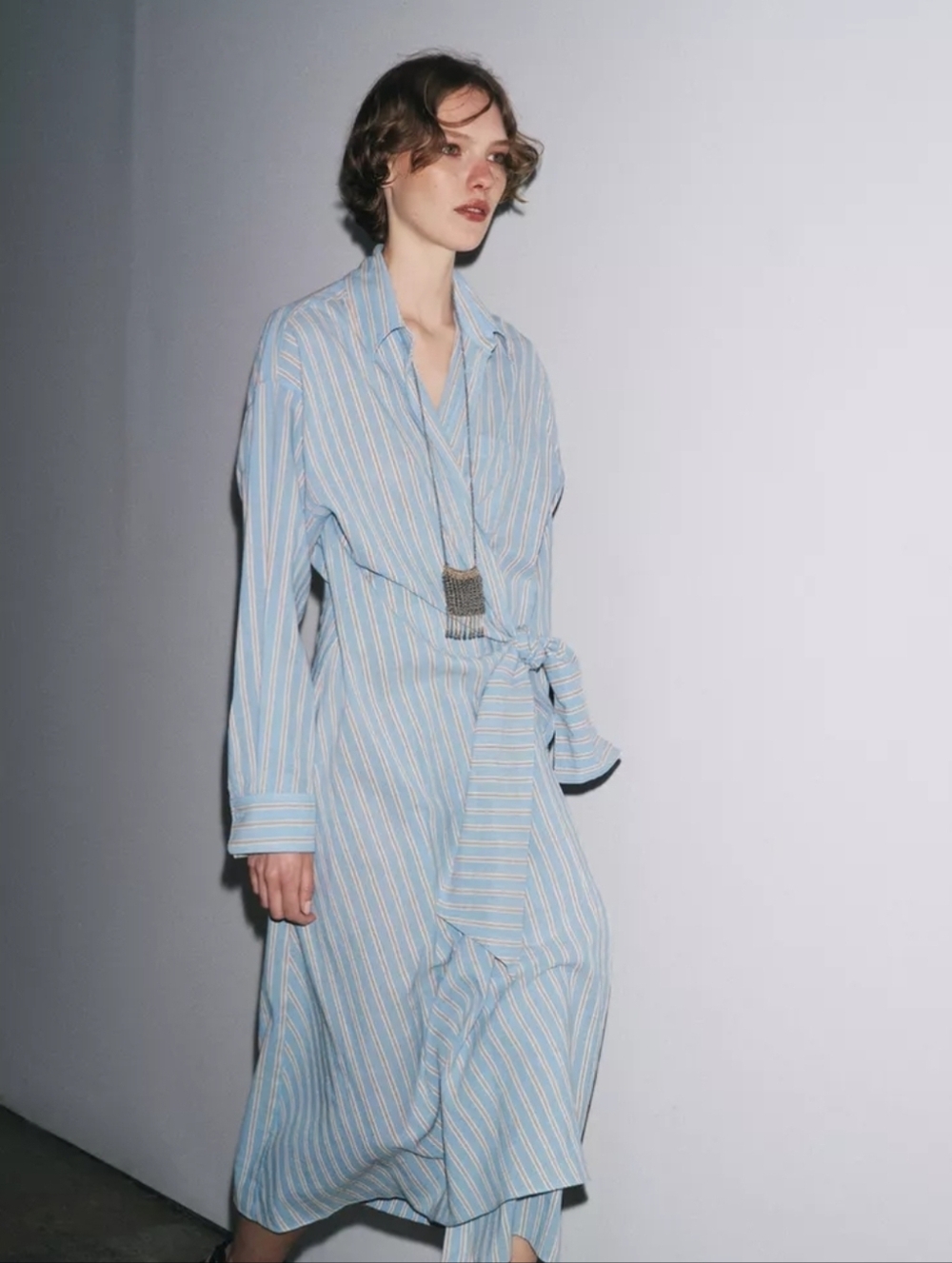 Zara Cotton Light Blue Striped Midi Dress